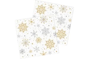 HNH Weihnachten Servietten 50 Stück Gold und Silber Schneeflocken Weiß Papierservietten Party Servierten 33 x 33 cm Papierservietten