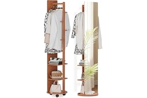 Warmiehomy 39X170cm Full Length Mirror with Coat Rack, 360° Solid Wood Swivel Freestanding Floor Long Mirror for Bedroom, Living Room, Cloakroom(Walnut)