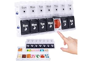 HRX PACKAGE Pill Boxes 7 Day 2 Times a Day, Easy Fill Push Button Weekly Pill Box Medicine Organiser Large Am Pm Tablet Organiser for Vitamin, Fish Oil, Supplements