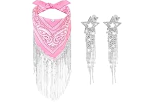 XEPST Fringe Bandana Sparkly Sequin Fringe Bandanas Disco Cowgirl Bachelorette Bandana for Women Girls with Women’s Tassel Star Earrings