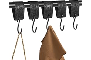 BELIHOME S Haken Schwarz mit Lederschlaufe, 5 Stück Haken Garderobenhaken Kleiderhaken Metallhaken, Mehrzweckhaken mit Lederschlaufe Campinghaken für Garderobe Kleiderstange Stange Küche Badezimmer