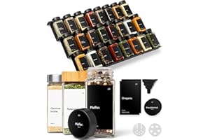 KIVY Półka na przyprawy z 24 pojemnikami, regulowana szerokość, czarna, metal i szkło, wysuwany regał, 6 półek, 38 cm D x 30-60 cm S, regał kuchenny na przyprawy