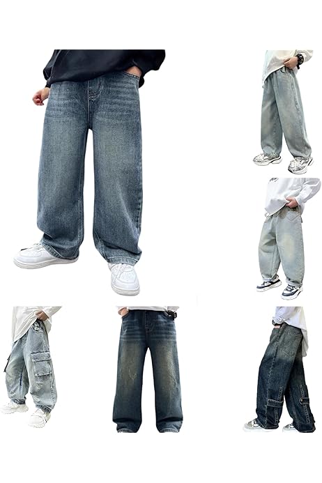 Boys Baggy Jeans 2025 Casual Denim Pants With Pockets Elastic Waist Straight Wide Leg Jeans (03 Light Blue, 11-12 Years