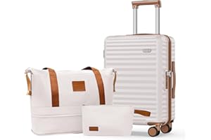 SHOWKOO Koffer Klein Leicht Hartschale 100% Polycarbonate Haltbar Reisekoffer mit Rollen Hartschalenkoffer Set Trolley Handgepäck Enthält 1 Reisetasche und 1 Kulturbeutel, M-Beigeweiß