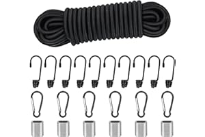 DONDEEN 10M Elastic Cord, 5/16" Thick Shock Cord Heavy Duty 32Ft Elasticated Shock Cord Black Bungee Cords with Hooks and Carabiner for Caravan Cargo Craft Rack (8mm x 10M, Black)