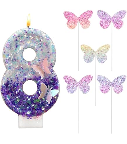 Candeline Numeri Viola Con Farfalla Glitterata 7,3 Cm - Numero 9 Per Torta Compleanno - 4