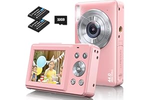 AMDEURDI Aparat cyfrowy, aparat fotograficzny, kompaktowy aparat cyfrowy FHD 1080p, 44 MP z zoomem cyfrowym 16x, karta 32 GB, 2 baterie, kompaktowy aparat cyfrowy dla dzieci, młodzieży, początkujących (różowy)