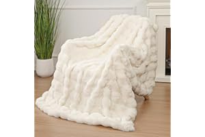 Enyhom Bubble koc do przytulania, puszysty, królik, pluszowy koc na sofę, ciepły flanelowy koc ze sztucznego futra, na kanapę, do pokoju, jako dekoracja łóżka, do salonu, 152 x 203 cm, kremowy)