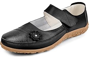 OFFCUP Womens Leather Mary Jane Shoes, Ladies Wide Fit Flat Shoes, Floral Grip Sole Hook & Loop Walking Casual Sandals Shoe, Work Office Nurse Shoe, Size UK 5/6/6.5/7, Black and White
