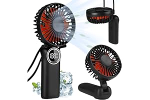 LtYioe Mini ventilatore portatile da tavolo, ricaricabile con display a LED, pieghevole a 180°, con cordino come ventilatore da collo, vento forte e 6 velocità, per Viaggi Casa Esterno Ufficio (Nero)