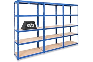 Storalex Pack of 3 Extra Deep Garage Racking Units - Blue 600mm Deep Garage Shelving 5 Tier Shelf Unit - Sturdy Metal & MDF Construction