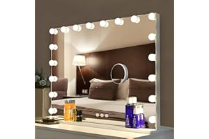 Bayt Hollywood Spiegel 80x60 cm mit LED Beleuchtung – Schminkspiegel Weiß mit 18 dimmbaren Lampen, 3 Lichtmodi (warm, kalt, neutral), Touchscreen & 10x Vergrößerungsspiegel