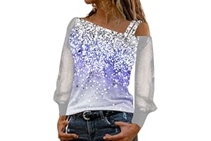 Iuyhau Women Fashion Shiny Sequin Sparkly Tops Printing Sexy Mesh Long Sleeve Off Shoulder Splice T-Shirt Glitter Blouse Party Club Loose Shirt Outwear