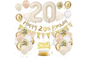 VUCDXOP 20th Birthday Decorations Sand White Gold,20th Birthday Decorations for Girls,20th Birthday Balloons with Happy 20th Birthday Banner Cake Toppers Number 20 Balloons for Girls Birthday Decorations