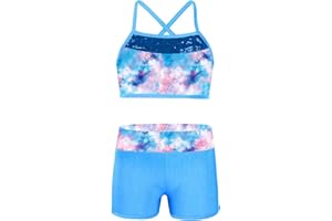Alvivi Conjunto Brillante de Baile Moderno para Niñas Crop Top y Leggings Cortos Maillot de Gimnasia Rítmica Traje de Deportivo Yoga 6-14 Años
