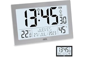 ADE Reloj Digital de Pared Grande | Despertador Digital Inteligente con Temperatura y Humedad | Cocina, Salon, Dormitorio | radiocontrolado | con luz | para Mayores | con Pilas | Plata