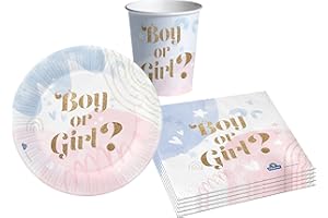 CIAO Party Tableware Set Gender Reveal Boy or Girl for 8 people (36 pcs: 8 plates Ø18cm, 8 cups 200ml, 20 napkins 33x33cm) in eco-friendly compostable paper