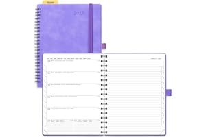 POPRUN Agenda 2025 Semainier et Carnet de Notes Moyen 22 x 16,5 cm - Couverture Spirale en Cuir Weekly Planner D'Jan 2025 à Déc 2025, Onglets Mensuels, Papier 100 g/m², Lilas-LAC