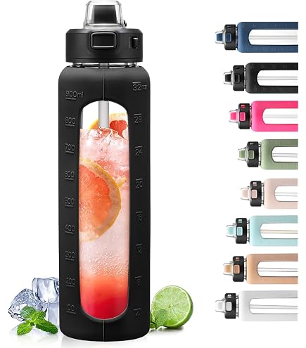 Glas-Wasserflasche 1,8 L – Auslaufsicher Mit Strohhalm, Zeitmarkierung, Silikonhülle, Olivgrün
