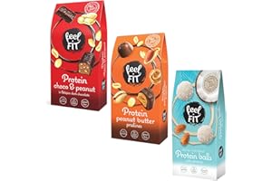 Feel FIT PROTEIN PRALINES SANS SUCRE AJOUTÉ Mixbox: 2 x noix de coco aux amandes, 3 x chocolat au lait au beurre de cacahuète, 2 x pralinés aux noisettes noires, blau, orange, rot, 2x63g, 3x66g, 2x83g