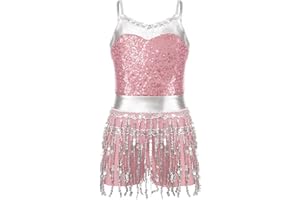 Jowowha Girls Sequins Tassel Hem Latin Dance Dress Leotard Rumba Samba Jazz Dance Dress Costumes