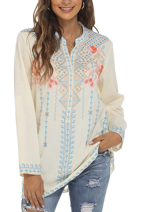 Organic Boho Shirts Bohemian Ricamo Cotone Lino Messicano