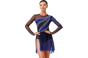 ranrann Konståkningsklänning med strass för kvinnor, trikåer, långärmad body, glänsande gymnastikdräkt, för gym, show, tävling, XS–XXL