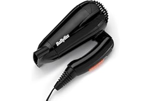 BaByliss Sèche-cheveux de voyage pliable Sèche-cheveux léger et puissant de 2000 W, Bi-voltage, Utilisation universelle, 2 réglages de température/vitesse, Noir/orange, 5344E