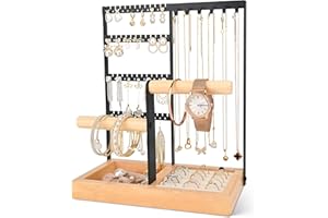 Damcyer Porte Bijoux Présentoir à Bijoux Porte, 4 Étages Porte Bijoux Femme, Presentoir Collier Avec Plateau Pour Boucles d'Oreilles Et Trous, Pour Colliers, Bagues, Bracelets, Montres(Noir)
