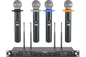 Phenyx Pro Wireless Microphone System, Quad Channel Wireless Mic, w/ 4 Handheld Microphones, 4x40 Channels, Auto Scan, Long Distance 328ft, Microphone for Singing, Church, Karaoke (PTU-7000-4H)