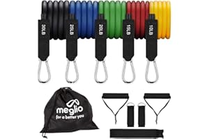Meglio Resistance Bands Set, Premium Exercise Tubing for Men & Women, Handles, Carry Bag, Ankle Strap, Door Anchor, & Guide Included 5 Levels for Home Gym or Office, Targets Upper & Lower Body Muscles