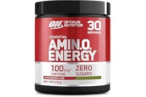 Optimum Nutrition Amino Energy Polvo Pre Entrenamiento, Bebida Energética con Aminoácidos, BCAA, L-Glutamina y L-Leucina, Complemento con Vitamina C y Cafeína, Sabor Fresa Lima, 30 Porciones, 270 g
