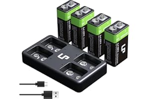 9V Rechargeable Battery Charger Pack, LP 4-Pack 600mAh 9 Volt Li-ion Batteries & 4-Bay Battery Charger for Alarms, Wireless Microphones, Smoke Detectors, Toys, Flashlights, Guitar, Keyboard & More