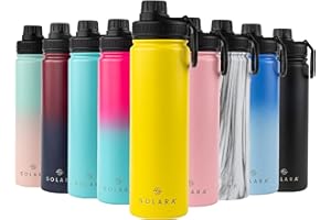 SOLARA Edelstahl Trinkflasche 650ml (+2 Deckel) - Thermosflasche mit Strohhalm, Isolierte Wasserflasche, Auslaufsichere Isolierflasche doppelwandig (Leuchtendes Gelb, 650ml / 22oz)