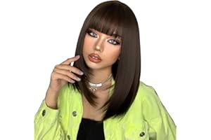 Maeau - Peluca de mujer de pelo auténtico marrón largo peluca rubio Ombre Bob peluca pelo liso peluca natural corta para fiestas cosplay cotidiano, Marrón 2, Talla única