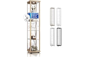 ‎K-MÖBEL K-Möbel Sammlervitrine (176x37x33cm) - Made in Germany - Vitrinenschrank Buche mit 4 höhenverstellbaren Glasböden, Spiegel, Schloss & LED - Glasvitrine Stehend - Display Cabinet