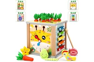 Rubessia Motorikwürfel, Motorikspielzeug ab 1 Jahr, Aktivitätswürfel 6 in 1, Holzspielzeug, Activity Center Baby, Lernspielzeug, Activity Spielzeug, Motorikschleife, für Geburtstags