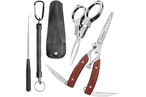 ELLECILA 5Pcs Portable Fishing Pliers Set with Lanyard, Include Multi Pliers Tool,Curved Fishing Forceps, Disgorger Fishing for Hook Remover, Split Ring, Fishing Gift for Dad on Father's Day
