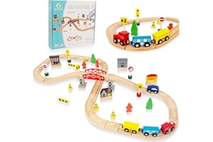 WOODENFUN 61Pcs Train Set for Toddlers, Bridge & Double-Side Wooden Train Set Tracks, Fits Brio, Thomas, Melissa and Doug, Kids Gift Toys for 3 4 5 Years Old Boys Girls(Log color61pcs)