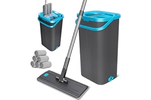 OZD Balai Serpillière Professionnel Seau Essoreur, Kit Serpillère Microfibre Essoreur avec 2 Compartiments Seau, Serpillere et Seau avec 6 Tampons Plate Réutilisables Lavage Sol