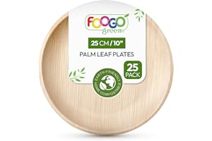 FOOGO Green 25pcs Disposable Palm Leaf Plates, 10"(25cm) Large Round, Eco Friendly Biodegradable Compostable Like Wooden, Bamboo, Paper Plates, for Hot Food, Wedding Picnic Parties