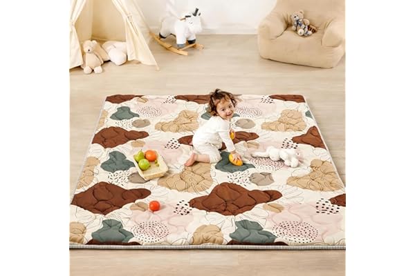 Lambluefly Tapis d'eveil Bebe, épaissi Tapis de Jeux Bebe 127x127cm, Antidérapant, Lavable en Machine, Pliable Tapis d'éveil et de Jeux, Tapis Sol Bebe de Jeu pour Parc, Conception de Style Bohème