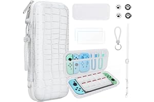 JYPS 10 in1 Tasche Kompatibel mit Nintendo Switch OLED, Neue Krokodil Textur Harts Hülle Switch Case mit Griff, Tragbare Schutz Transporttasche mit Bildschirmschutz, Schutzhülle& Zubehör(Weiß)