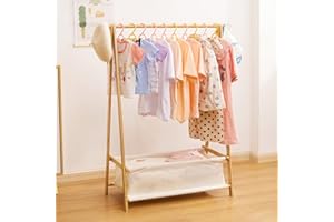 Yorbay Porte-vêtements pour enfants avec boîte de rangement, porte-habits, porte-vêtements pour enfants avec tringles de suspension, petit et pliable, en bambou