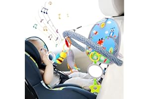 PETARMS Car Seat Toy for Babies 0-6 Months: Double Sided Play and Kick Car Toy, Adjustable Newborn Carseat Toy Arch with Music/Mirror/Rattle/Teether Hanging Travel Toys Sensory Gift 3 6 9 12 Months Boys Girl