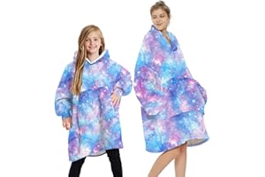 Seogva Blanket Sweatshirt Hoodie Fluffy Fleece Hoodie Blanket, Oversized Plush Hooded Top, Large for Adults Men Women and Small for Kids Boys Girls (Small, Galaxy - Blue)