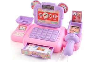 FALAFOTY Kids Mini Toy Till Cash Register with Scanner, Real Calculator with Light and Sounds, Aged 3+ Game Set Gift for Kids Boys Girls Pretend Role Play Money Shopping Till Food Toys (Hot Pink)