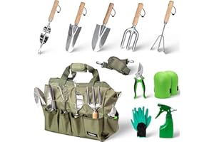 Hadeeka Gardening Hand Tools 10-Set - Includes Heavy Duty Stainless Steel Trowel, Fork, Rake, Weeder, Transplanter with Ergonomic Ash Wood Handles in Convenient Organiser Shoulder Bag Kit
