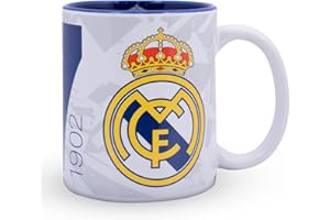 Hy-Pro Oficjalnie licencjonowany kubek Real Madryt CF – 325 ml, ceramiczny, nadaje się do mycia w zmywarce, nadaje się do kuchenki mikrofalowej na gorące napoje, herbatę i kawę, towar Real Madryt,