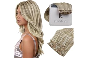 RUNATURE Extension Cabello Natural Clip Rubio Extensiones de Clip de Pelo Natural Remy Cabello Humano Marrón Claro con Rubio Platino Extensiones Pelo Clip 14 Pulgadas/35cm 7 Piezas 120g #8P60